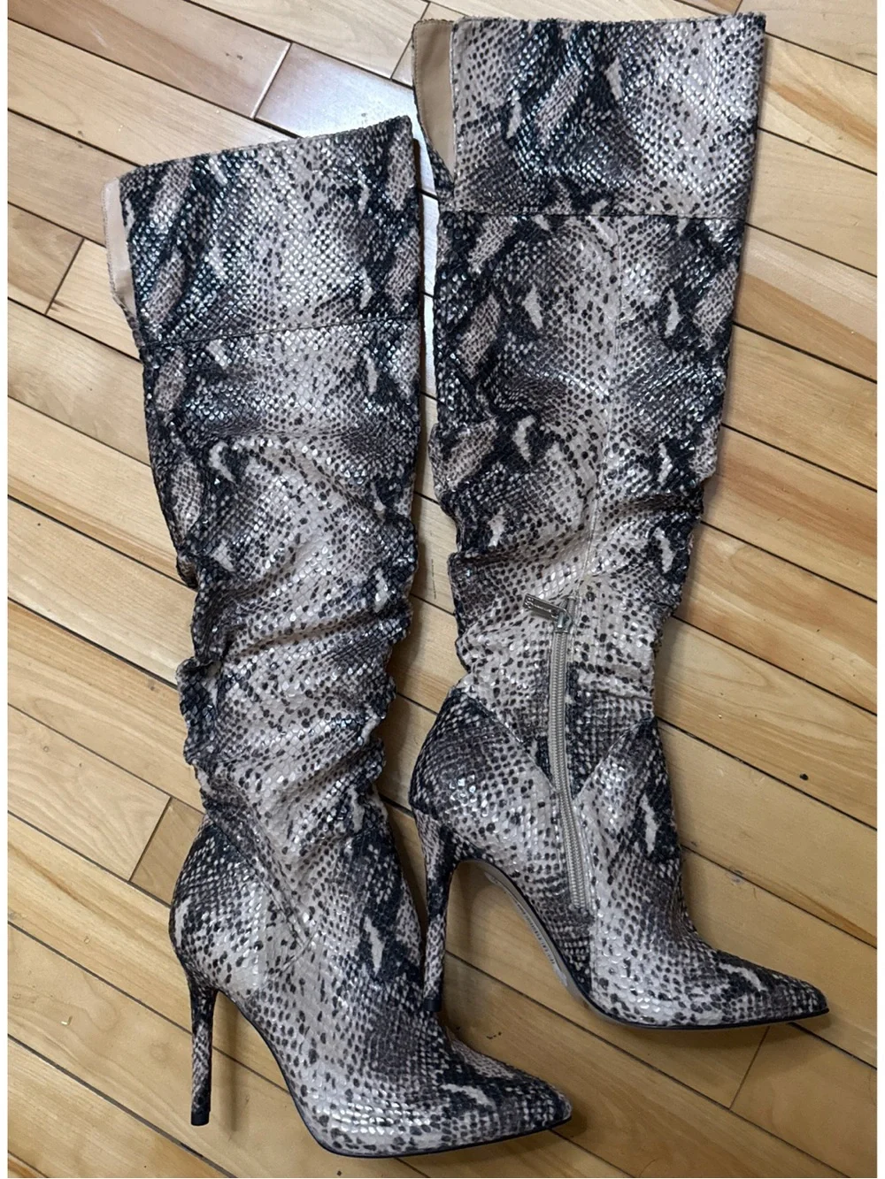 Snake-Print Over-the-Knee Stiletto Boots - Beige/Black